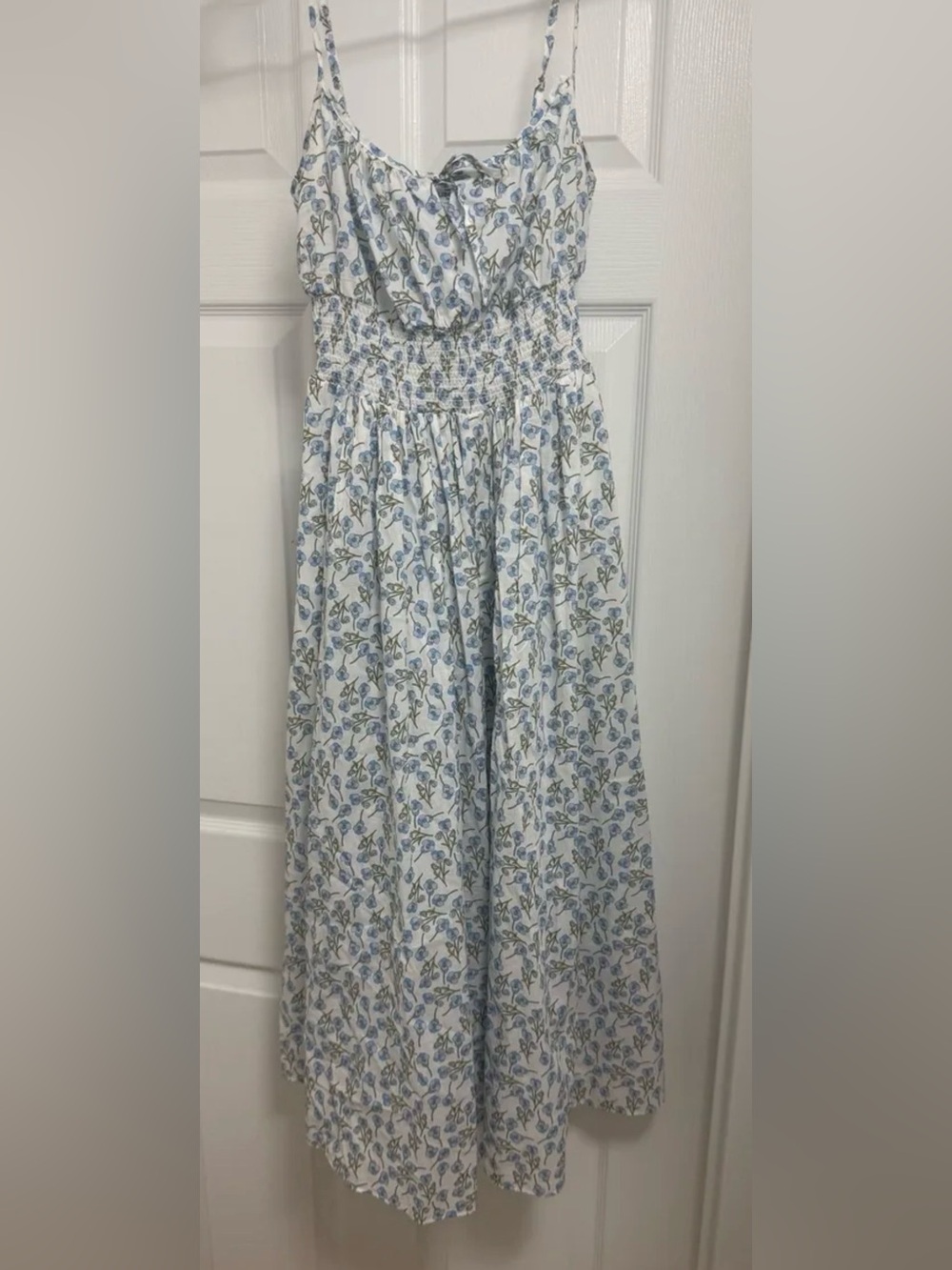 Floral Smocked Waist Maxi dress in White and Light Blue